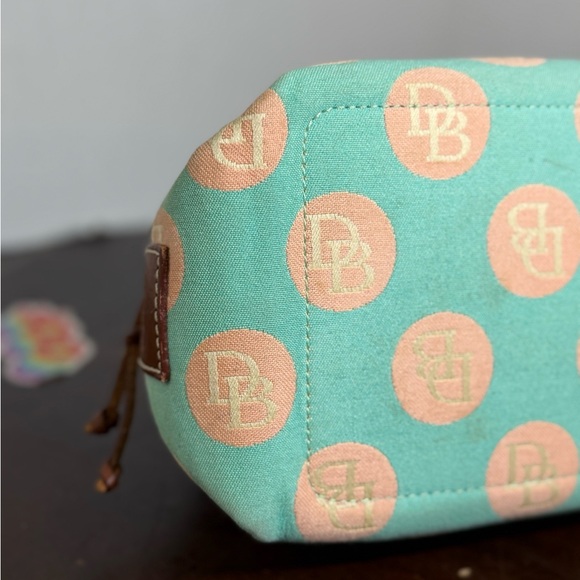 Dooney & Bourke Turquoise Peach Logo Polkadots Brown Leather Accents - Picture 11 of 16